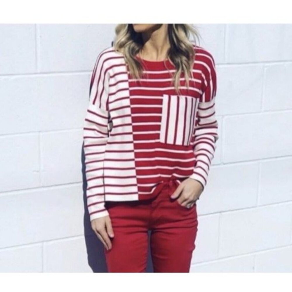 CABI Relaxed Colorblock Striped Sweater Red White Preppy Casual Clean Girl M